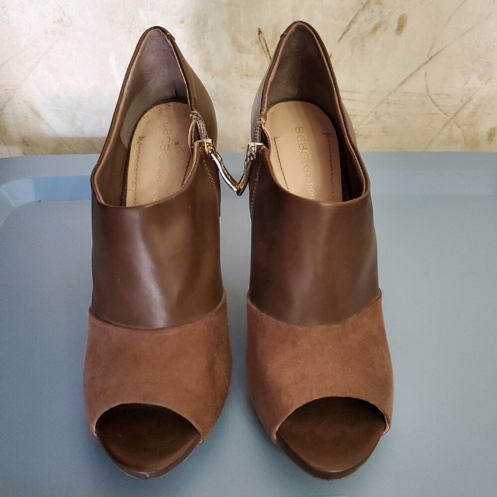 BCBGeneration Taupe Leather Suede Bootie Heels